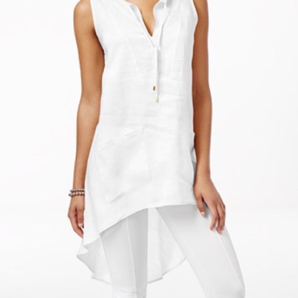 August Silk White Sleeveless Split-V High-Low Tunic